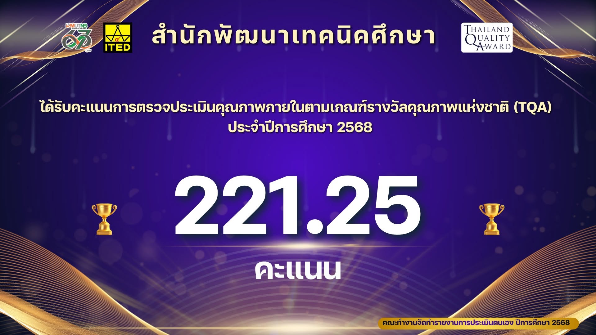 ผลการประเมินคุณภาพภายในตามเกณฑ์รางวัลคุณภาพแห่งชาติ (TQA) รอบปีการศึกษา 2568